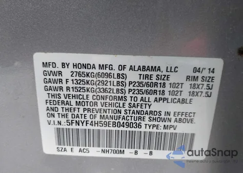 2014 Honda Pilot Ex-L from USA, damaged, VIN 5FNYF4H59EB049036